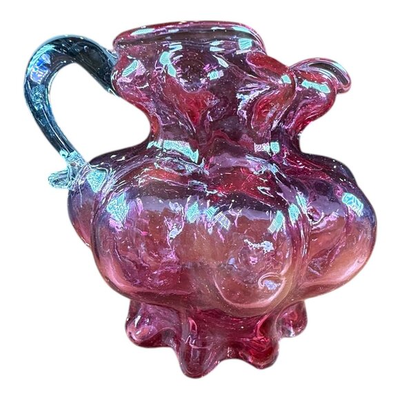 Vntg Cranberry Art Glass Pitcher Vase Clear Handle Vessel Decanter Carafe Flask - Picture 1 of 7